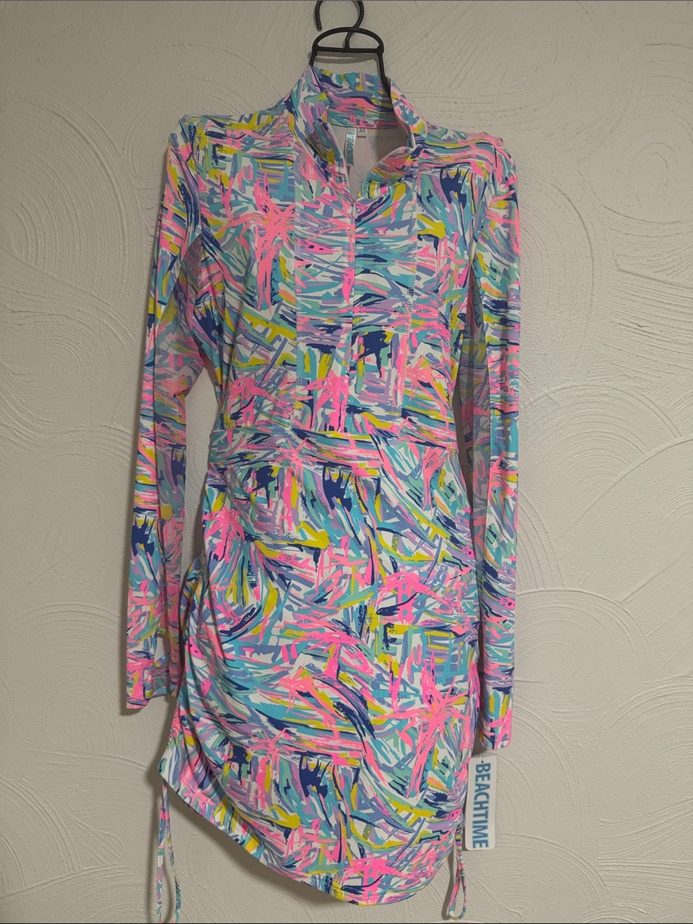 Beach time meah Sleeve Abstract Drawstring Beach Dress in Pink, Blue & Yellow